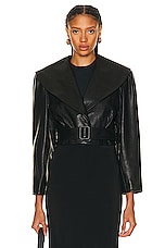 FRAME Cropped Belted Leather Jacket in Black, view 1, click to view large image.