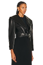 FRAME Cropped Belted Leather Jacket in Black, view 2, click to view large image.
