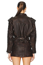 FRAME Strong Shoulder Leather Moto Jacket in Chestnut, view 3, click to view large image.