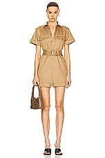 FRAME Utility Short Jumpsuit in Khaki Tan, view 1, click to view large image.