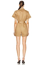 FRAME Utility Short Jumpsuit in Khaki Tan, view 3, click to view large image.