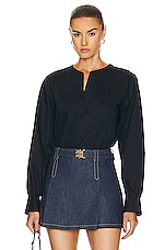 FRAME V Neck Popover Top in Navy, view 1, click to view large image.