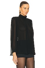 FRAME Strong Shoulder Pleated Blouse in Black, view 2, click to view large image.