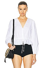 FRAME Cinched V-Neck Blouse in White, view 1, click to view large image.