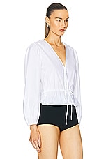 FRAME Cinched V-Neck Blouse in White, view 2, click to view large image.