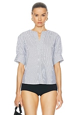 FRAME V-Neck Popover Top in Navy Multi, view 1, click to view large image.