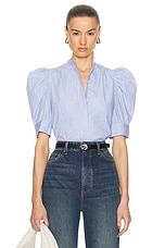 FRAME Ruched Puff Sleeve Shirt in Chambray Blue, view 1, click to view large image.