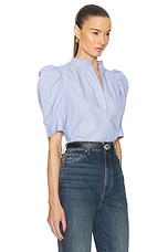 FRAME Ruched Puff Sleeve Shirt in Chambray Blue, view 2, click to view large image.