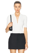 FRAME Lace Up Sweater Polo Top in Off White, view 1, click to view large image.