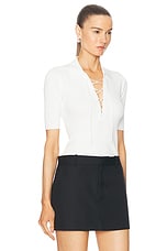 FRAME Lace Up Sweater Polo Top in Off White, view 2, click to view large image.