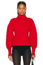 Ferragamo Turtleneck Puff Sleeve Knit Bodysuit in Red, view 1, click to view large image.