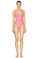 fleur du mal Le Stretch Multifit Lace Bodysuit in Pink Cadillac, view 1, click to view large image.