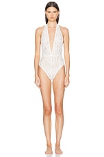 fleur du mal Charlotte Lace Halter Teddy Bodysuit in Ivory, view 1, click to view large image.
