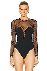 fleur du mal Dotty Jersey Plunge Bodysuit in Black, view 2, click to view large image.
