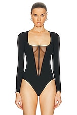 fleur du mal Long Sleeve Jersey Bodysuit in Black, view 2, click to view large image.