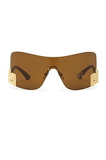 FWRD Renew Versace Tinted Shield Sunglasses in Brown, view 1, click to view large image.