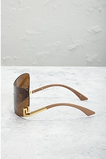 FWRD Renew Versace Tinted Shield Sunglasses in Brown, view 3, click to view large image.