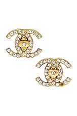 FWRD Renew Chanel Coco Mark Rhinestone Earrings in Gold, view 1, click to view large image.