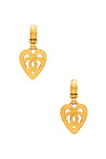 FWRD Renew Chanel Coco Mark Dangling Heart Clip On Earrings in Light Gold, view 1, click to view large image.