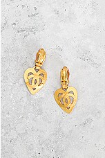 FWRD Renew Chanel Coco Mark Dangling Heart Clip On Earrings in Light Gold, view 2, click to view large image.