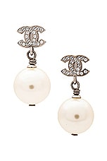 FWRD Renew Chanel Coco Mark Rhinestone Pearl Earrings in Silver, view 1, click to view large image.