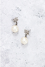 FWRD Renew Chanel Coco Mark Rhinestone Pearl Earrings in Silver, view 2, click to view large image.