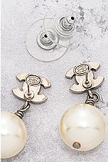FWRD Renew Chanel Coco Mark Rhinestone Pearl Earrings in Silver, view 4, click to view large image.