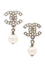 FWRD Renew Chanel Coco Mark Pearl Earrings in Silver, view 1, click to view large image.