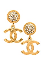 FWRD Renew Chanel Coco Mark Rhinestone Earrings in Gold, view 1, click to view large image.