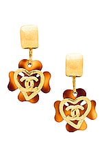 FWRD Renew Chanel Coco Mark Tortoiseshell Clover Swing Earrings in Gold, view 1, click to view large image.