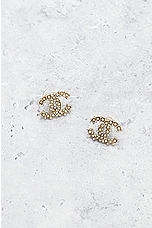FWRD Renew Chanel Coco Mark Rhinestone Earrings in Light Gold, view 2, click to view large image.