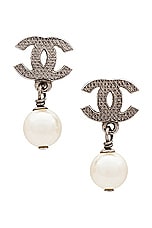 FWRD Renew Chanel Coco Mark Pearl Earrings in Silver, view 1, click to view large image.