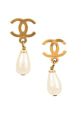 FWRD Renew Chanel Coco Mark Pearl Swing Earrings in Gold, view 1, click to view large image.