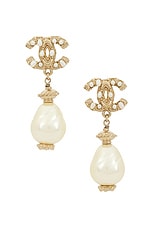 FWRD Renew Chanel Coco Mark Pearl Earrings in Gold, view 1, click to view large image.