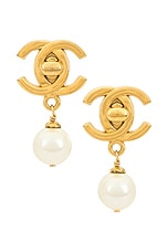 FWRD Renew Chanel Pearl Turnlock Clip-On Earrings in Gold, view 1, click to view large image.