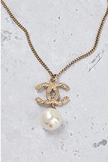 FWRD Renew Chanel Coco Mark Pearl Rhinestone Pendant Necklace in Light Gold, view 4, click to view large image.