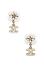 FWRD Renew Chanel Coco Mark Camellia Swing Earrings in Cream, view 1, click to view large image.