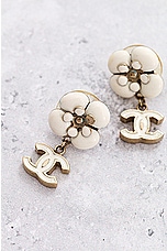 FWRD Renew Chanel Coco Mark Camellia Swing Earrings in Cream, view 3, click to view large image.