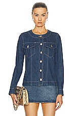 FWRD Renew Chanel Denim Coco Button Jacket in Blue, view 1, click to view large image.