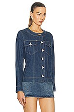 FWRD Renew Chanel Denim Coco Button Jacket in Blue, view 2, click to view large image.
