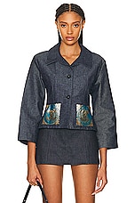 FWRD Renew Chanel Sequin Coco Denim Jacket in Dark Blue, view 1, click to view large image.