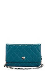 FWRD Renew Chanel Lambskin Matelasse Wallet on Chain Shoulder Bag in Blue, view 1, click to view large image.