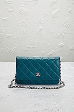 FWRD Renew Chanel Lambskin Matelasse Wallet on Chain Shoulder Bag in Blue, view 2, click to view large image.