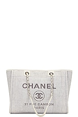 FWRD Renew Chanel Deauville Chain Tote Bag in Grey, view 1, click to view large image.