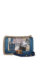 FWRD Renew Chanel 2015 Medium Denim Patchwork Boy Bag in Blue