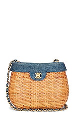 FWRD Renew Chanel Denim &amp; Straw Basket Bag in Blue, view 1, click to view large image.