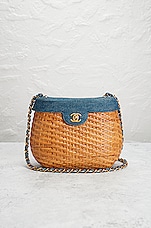 FWRD Renew Chanel Denim &amp; Straw Basket Bag in Blue, view 2, click to view large image.
