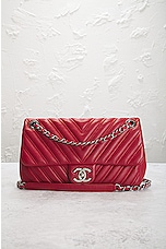 FWRD Renew Chanel Quilted V Stitched Chevron Lambskin Shoulder Bag in Red, view 2, click to view large image.