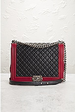 FWRD Renew Chanel Large Boy Lambskin Shoulder Bag in Black & Red, view 2, click to view large image.