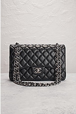 FWRD Renew Chanel Jumbo Lambskin Double Flap Shoulder Bag in Black, view 2, click to view large image.